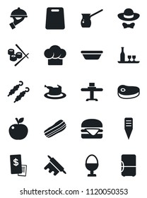 Set of vector isolated black icon - plant label vector, alcohol, restaurant table, cook hat, bacon, waiter, egg stand, dress code, receipt, chicken, steak, kebab, hamburger, bowl, rolling pin, sushi