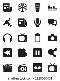 Set of vector isolated black icon - camera vector, clapboard, radio, antenna, satellite, news, tv, equalizer, video, microphone, remote control, dialog, headphones, share, battery, pause button