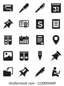 Set of vector isolated black icon - book vector, pen, drawing pin, calendar, plant label, receipt, clipboard, folder document, paper, gallery, contract, schedule, certificate, man with notebook
