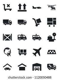Set of vector isolated black icon - plane vector, taxi, helicopter, luggage scales, globe, ambulance car, delivery, container, consolidated cargo, warehouse storage, up side sign, no trolley, garage