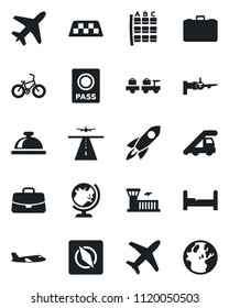 Set of vector isolated black icon - plane vector, runway, taxi, reception bell, passport, globe, baggage larry, ladder car, boarding, seat map, airport building, case, bike, compass, bedroom, rocket