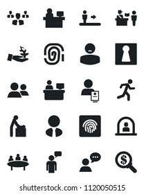 Set of vector isolated black icon - passport control vector, escalator, female, baby room, reception, speaking man, meeting, manager place, run, patient, speaker, group, fingerprint id, estate agent