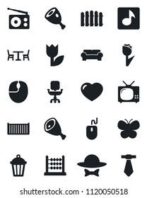 Set of vector isolated black icon - cafe vector, mouse, fence, butterfly, garden light, cargo container, tulip, radio, heart, music, abacus, office chair, cushioned furniture, tv, dress code, ham