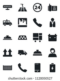 Set of vector isolated black icon - taxi vector, 24 around, ambulance car, office phone, support, cargo container, delivery, consolidated, up side sign, cell, call, scanner, waiter, reserved