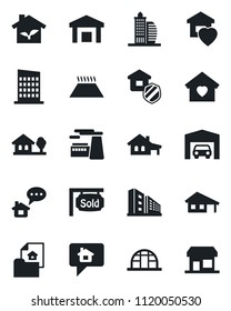 Set of vector isolated black icon - factory vector, greenhouse, warehouse, house with garage, tree, estate document, sold signboard, office building, sweet home, city, insurance, eco, warm floor