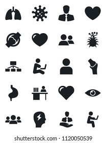 Set of vector isolated black icon - brainstorm vector, heart, stomach, lungs, eye, joint, virus, client, group, user, manager desk, hierarchy, man with notebook