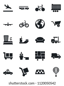 Set of vector isolated black icon - taxi vector, arrival, airport bus, waiting area, alarm car, fork loader, plane, building, wheelbarrow, bike, earth, sea shipping, truck trailer, delivery, port