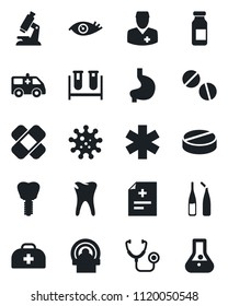 Set of vector isolated black icon - doctor case vector, diagnosis, stethoscope, blood test vial, microscope, pills, ampoule, patch, tomography, ambulance star, car, stomach, caries, implant, eye