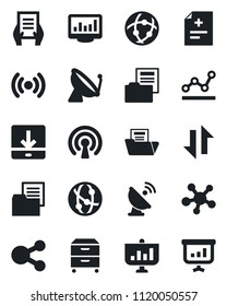 Set of vector isolated black icon - satellite antenna vector, document, diagnosis, folder, network, share, data exchange, download, monitor statistics, point graph, archive box, wireless