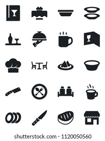 Set of vector isolated black icon - spoon and fork vector, cafe, coffee, alcohol, restaurant table, serviette, cook hat, wine card, plates, waiter, salt pepper, steak, bowl, knife, storefront
