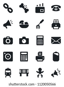 Set of vector isolated black icon - train vector, baby, camera, mail, printer, garden fork, bench, broken bone, chain, mobile, battery, phone, salad, calculator, advertising