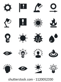 Set of vector isolated black icon - sun vector, bulb, lady bug, fire, eye, important flag, brightness, desk lamp, water, shining head, idea
