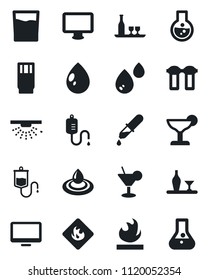 Set of vector isolated black icon - water drop vector, dropper, flammable, monitor, alcohol, drink, cocktail, filter, sprinkler, flask