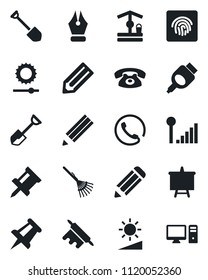 Set of vector isolated black icon - presentation board vector, drawing pin, job, pencil, shovel, rake, well, hdmi, brightness, fingerprint id, cellular signal, ink pen, phone, rolling, pc