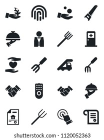 Set of vector isolated black icon - ladder car vector, medical room, garden fork, farm, saw, heart hand, touch screen, fingerprint id, handshake, estate document, waiter, remote control, investment