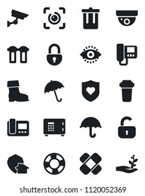 Set of vector isolated black icon - umbrella vector, trash bin, safe, boot, patch, heart shield, lock, eye id, intercome, water filter, home protect, surveillance, crisis management, palm sproute