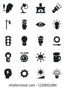 Set of vector isolated black icon - brainstorm vector, bulb, sun, garden light, eye, traffic, torch, brightness, desk lamp, fireplace, beer, smoke detector, energy saving, alarm led, idea