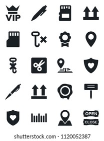 Set of vector isolated black icon - vip vector, pen, stamp, plant label, heart shield, navigation, pin, up side sign, no hook, barcode, sd, cut, sertificate, open close