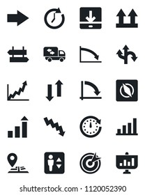Set of vector isolated black icon - elevator vector, signpost, right arrow, growth statistic, crisis graph, route, navigation, up side sign, data exchange, download, compass, bar, moving, target