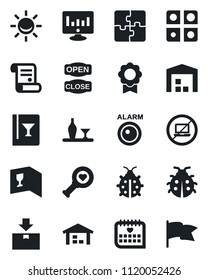 Set of vector isolated black icon - no laptop vector, statistic monitor, contract, lady bug, heart diagnostic, medical calendar, package, application, sertificate, warehouse, alcohol, wine card