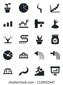 Set of vector isolated black icon - seedling vector, watering, sproute, sickle, greenhouse, fertilizer, drip irrigation, pie graph, point, career ladder, arrow up, growth, presentation