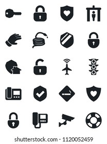 Set of vector isolated black icon - plane radar vector, security gate, smoking place, lock, glove, hose, heart shield, traffic light, key, intercome, home protect, surveillance, crisis management