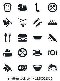 Set of vector isolated black icon - spoon and fork vector, cafe, salad, plates, bread, chicken, kebab, hamburger, ladle, bowl, rolling pin, sushi, cheese