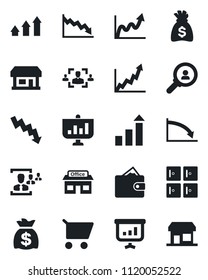 Set of vector isolated black icon - checkroom vector, growth statistic, money bag, crisis graph, store, hr, consumer search, arrow up, wallet, cart, presentation, storefront