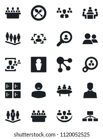 Set of vector isolated black icon - spoon and fork vector, male, checkroom, team, meeting, patient, group, user, company, hr, consumer search, social media, hierarchy