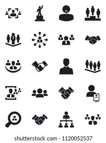 Set of vector isolated black icon - handshake vector, hierarchy, pedestal, team, patient, user, company, hr, client search, group