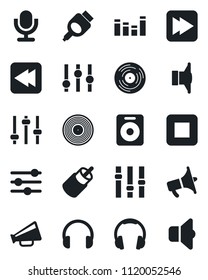 Set of vector isolated black icon - vinyl vector, speaker, loudspeaker, settings, equalizer, microphone, headphones, stop button, fast forward, rewind, rca, hdmi, tuning, sound