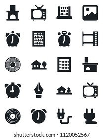 Set of vector isolated black icon - alarm clock vector, tv, abacus, fireplace, film frame, vinyl, gallery, ink pen, house with tree, power plug