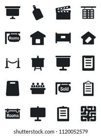 Set of vector isolated black icon - fence vector, flight table, presentation board, meeting, clipboard, clapboard, rooms, sold signboard, smart home, cutting, chip