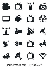 Set of vector isolated black icon - antenna vector, satellite, radio, loudspeaker, tv, video camera, wireless