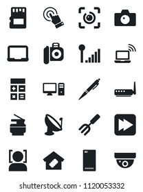 Set of vector isolated black icon - wireless notebook vector, camera, calculator, pc, garden fork, satellite antenna, touch screen, fast forward, phone back, sd, face id, eye, cellular signal, pen