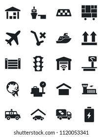 Set of vector isolated black icon - plane vector, taxi, luggage scales, globe, airport building, ambulance car, traffic light, sea shipping, port, container, consolidated cargo, warehouse storage