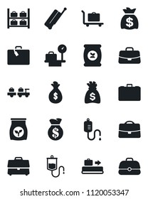 Set of vector isolated black icon - suitcase vector, baggage conveyor, trolley, larry, luggage storage, scales, case, money bag, fertilizer, dropper