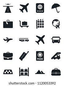 Set of vector isolated black icon - plane vector, runway, taxi, suitcase, baggage trolley, airport bus, umbrella, passport, ladder car, seat map, luggage storage, globe, mountains, case