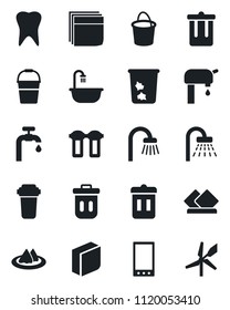 Set of vector isolated black icon - trash bin vector, shower, bucket, tooth, mobile, blank box, water supply, bathroom, serviette, filter, windmill