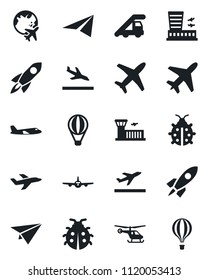 Set of vector isolated black icon - plane vector, departure, arrival, ladder car, helicopter, globe, airport building, lady bug, rocket, paper, air balloon