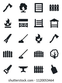 Set of vector isolated black icon - fence vector, tree, saw, fire, hoe, axe, abacus, table, alcove, cutting board
