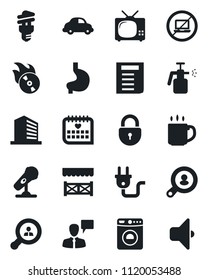 Set of vector isolated black icon - no laptop vector, washer, lock, speaking man, office building, document, garden sprayer, stomach, medical calendar, car delivery, flame disk, microphone, coffee
