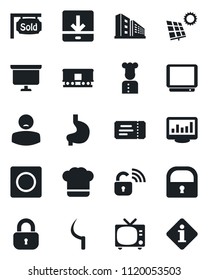 Set of vector isolated black icon - tv vector, ticket, presentation board, sickle, stomach, patient, railroad, record, download, lock, monitor statistics, sun panel, sold signboard, office building