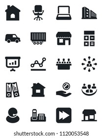 Set of vector isolated black icon - hierarchy vector, office chair, calculator, binder, house, support, truck trailer, fast forward, company, phone, point graph, meeting, notebook pc, building, car