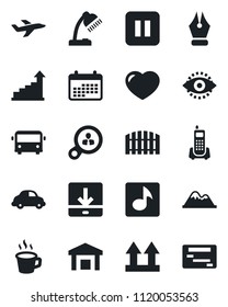 Set of vector isolated black icon - airport bus vector, growth statistic, plane, office phone, car delivery, up side sign, warehouse, heart, pause button, download, eye id, music, coffee, ink pen