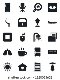 Set of vector isolated black icon - shower vector, sun, plane, pennant, mouse, coffee, sickle, lungs, folder document, stop button, record, lock, office chair, estate search, sweet home, city house