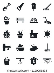 Set of vector isolated black icon - flower in pot vector, shovel, rake, seedling, bucket, saw, lawn mower, lady bug, sun, bench, fireplace, greenhouse, pond, bird house, drip irrigation, salad