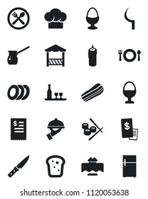 Set of vector isolated black icon - sickle vector, alcohol, restaurant table, cafe, cook hat, plates, bacon, waiter, egg stand, bread, candle, alcove, receipt, knife, turkish coffee, sushi, fridge