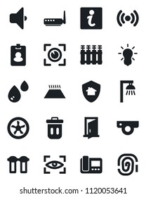Set of vector isolated black icon - fan vector, wireless, router, web camera, intercome, water, filter, radiator, warm floor, bulb, outdoor lamp, sound, eye scan, home protect, trash bin, door