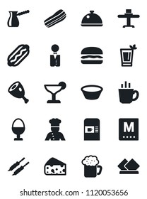 Set of vector isolated black icon - coffee machine vector, waiter, cook, dish, restaurant table, menu, cocktail, phyto bar, beer, bacon, egg stand, kebab, ham, hamburger, hot dog, bowl, turkish